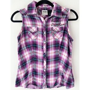Harley‎ Davidson Womens Flannel Sleeveless Top S Purple Pearl Snap Biker Y2K